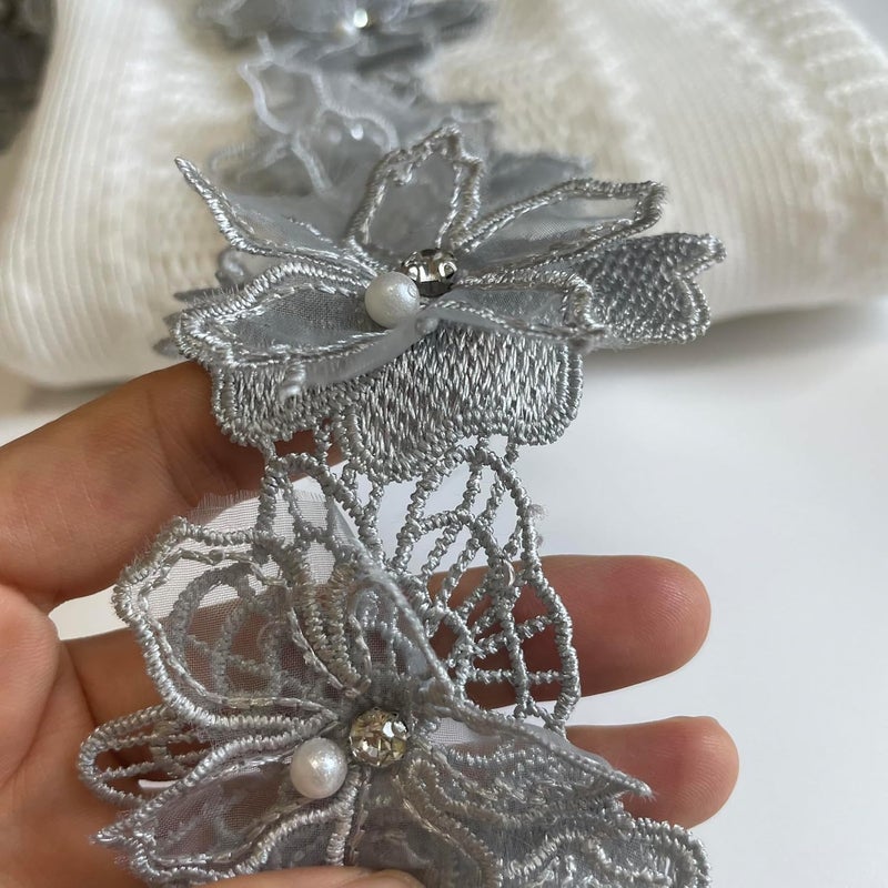 Buysk 2 Yards 3D Pearl Beads Flower Lace Trim Ribbon Floral Applique Embroidered Lace Fabric for Sewing DIY Crafts (Grey) - Image 4